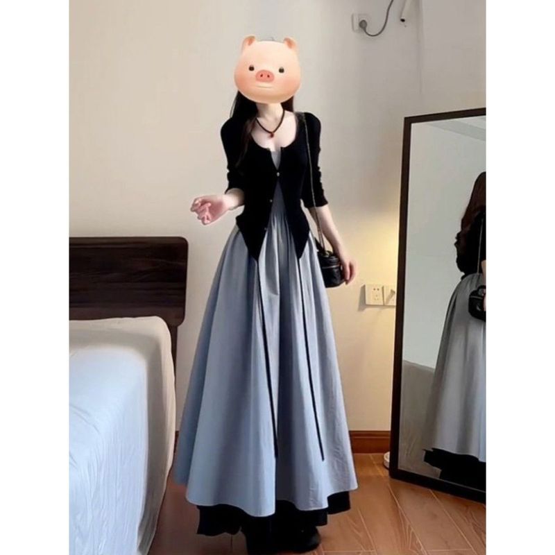 Mùa Thu Đầm Liền Cardigan Tay Dài Phong Cách Hàn Quốc Cao Cấp