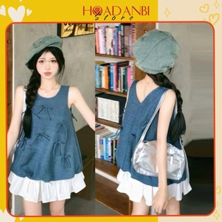 Set Áo jean Nơ Kèm Chân Váy Xoè Dáng Ngắn Chất Vải Jean, Set Đồ Nữ Tiểu Thư Đi Chơi