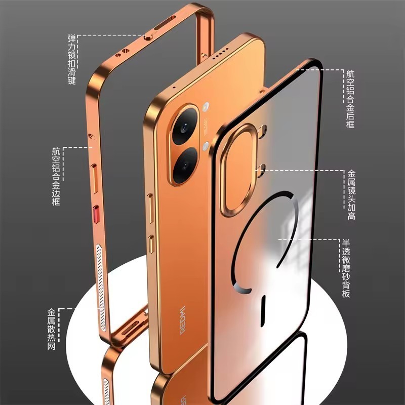 Ốp Nam Châm Cho Xiaomi POCO X8 Pro Max Redmi Turbo 5 5Max 5G Vỏ Cảm Giác Da Sạc Không Dây Hợp Kim Nhôm Khung Kim Loại Vỏ Matte Trong Suốt Acrylic