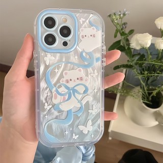 DànhCho IPhone 17 16 15 14 13 12 11 ProMax XR XS Max 7 8 Plus Dễ thương màu xanh Bowknot mèo Puff trường hợp điện thoại