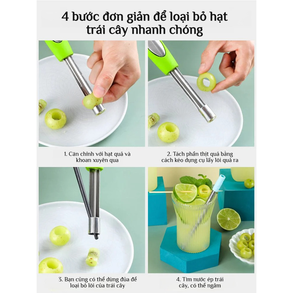 Bộ dụng cụ tách hạt trái cây bằng thép không gỉ / Dụng cụ tách hạt trái cây an toàn và hợp vệ sinh / Tách hạt nhanh trong 3 giây / Bộ dao tách hạt trái cây 4 món