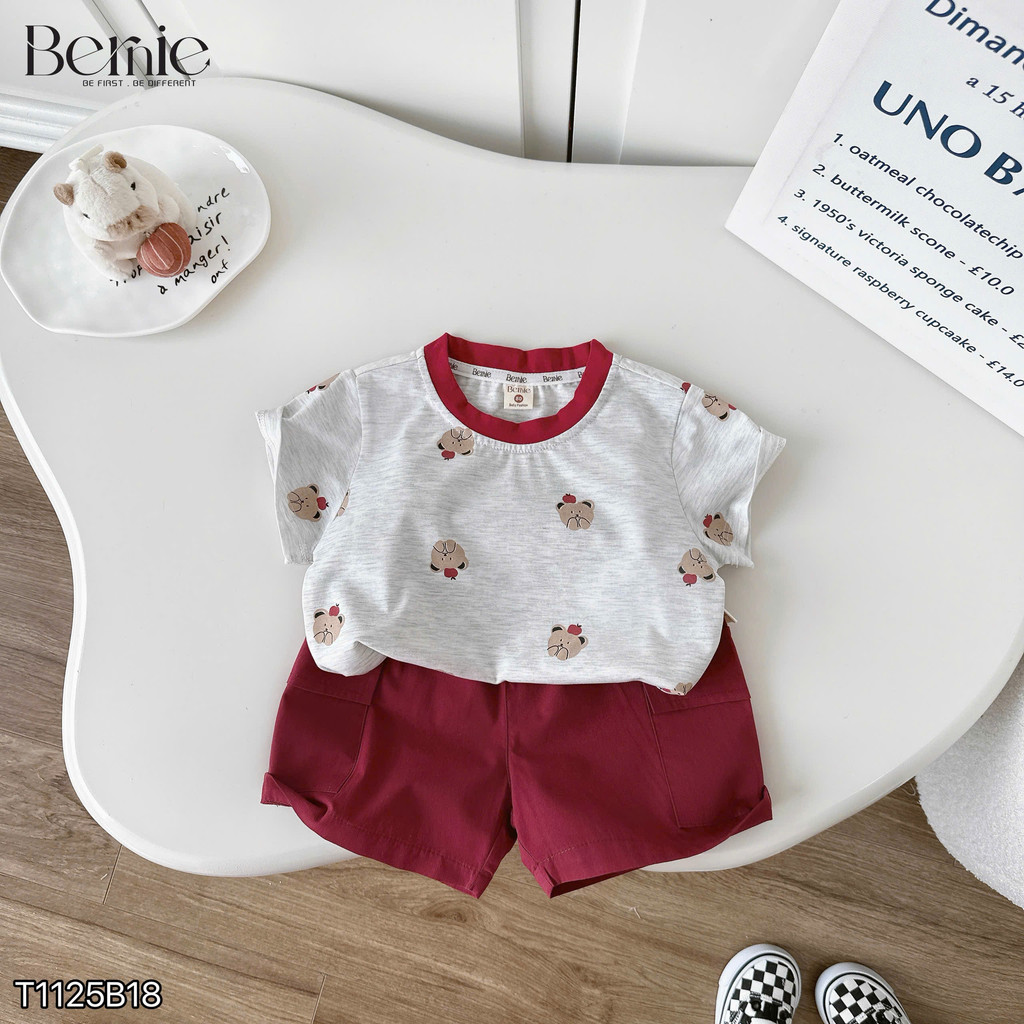 Set cộc tay Bernie in hình gấu vui nhộn, chất liệu cotton phối quần short kaki cho bé 9-28kg