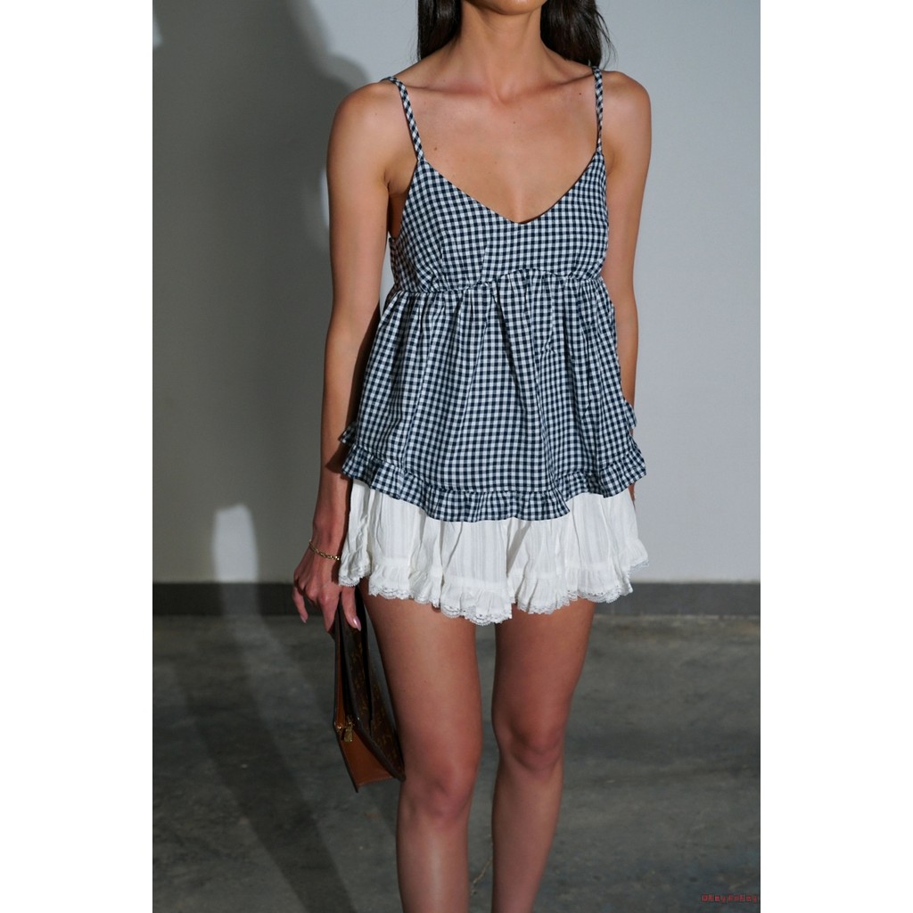 OKDK - Babydoll Tank Top Mùa Hè Kẻ Sọc V-Neck Spaghetti Strap