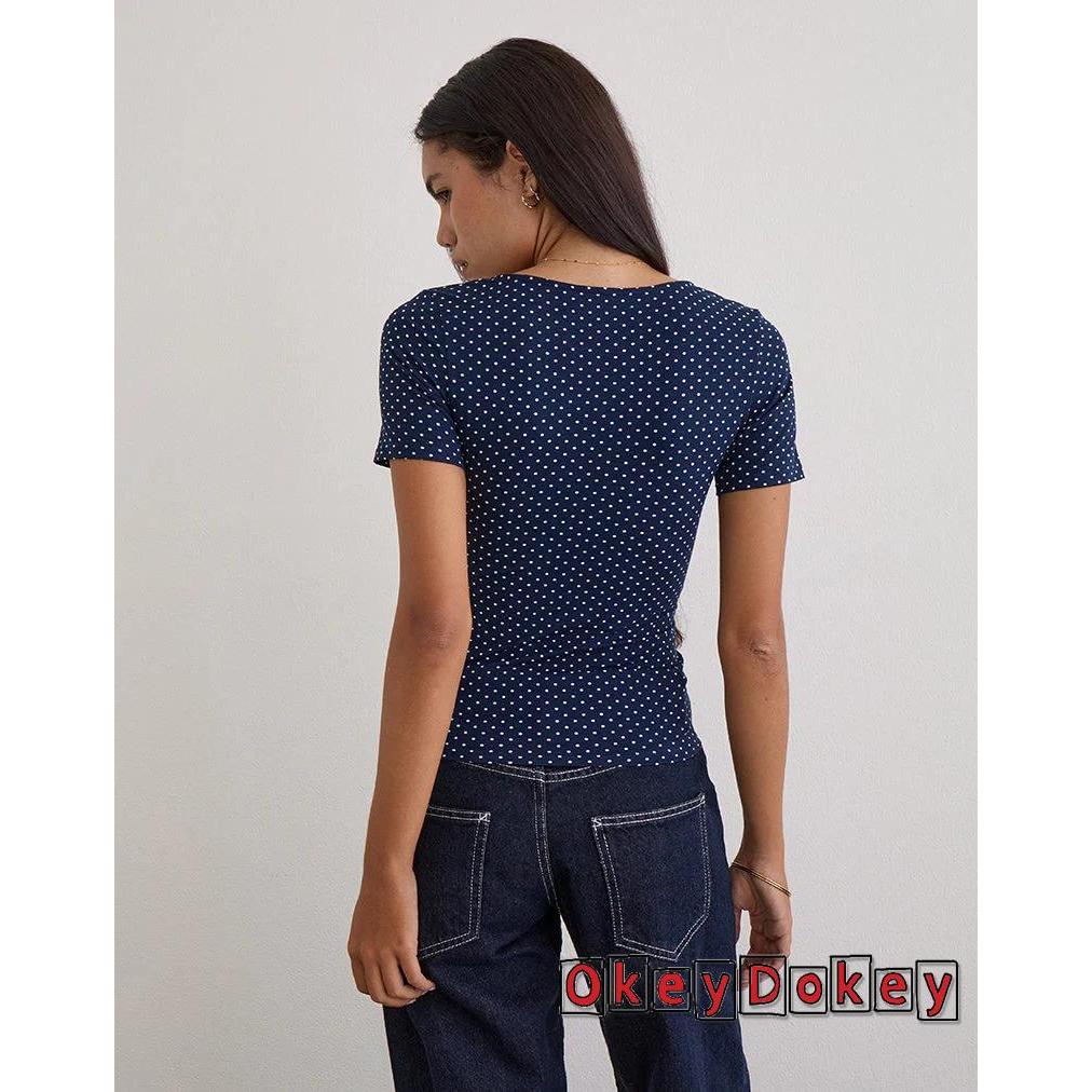 ÁoSlimFit thun cổ chữ V ngắn tay họa tiết chấm bi - Phù hợp mặc mỗi ngày