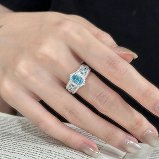 Nhẫn nữ đá zircon xanh biển họa tiết hoa, phong cách châu âu mỹ hiện đại