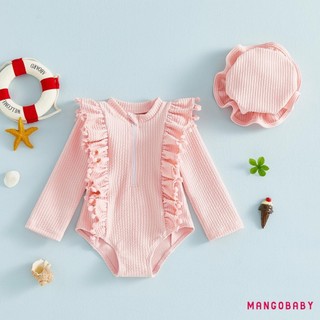 MG-Toddler Bé Gái Rash Guard Đồ Bơi Dễ Thương Màu Trơn Dài Tay Ruffle Áo liền quần Có Mũ 2 Chiếc Đồ Bơi