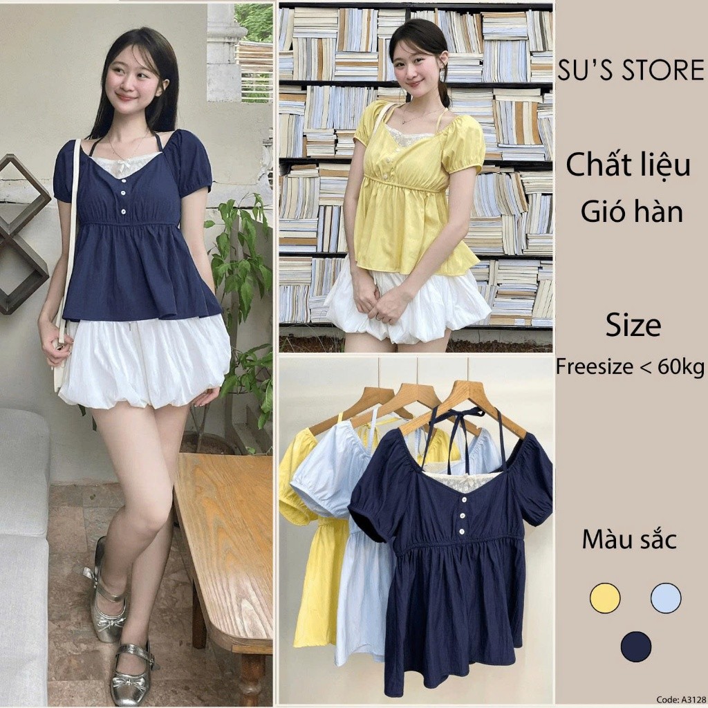 Áo Kiểu Cổ Phối Ren Dáng Yếm Mix Tay Bồng Cúc Dọc Chun Eo A366128  Thời Trang Nữ