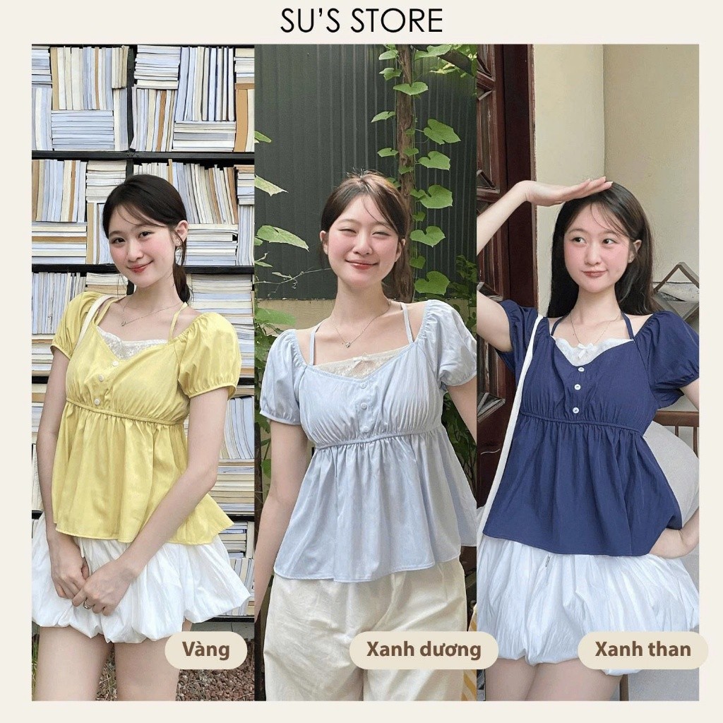Áo Kiểu Cổ Phối Ren Dáng Yếm Mix Tay Bồng Cúc Dọc Chun Eo A366128  Thời Trang Nữ