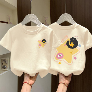 Áo thun bé gái in hình hoạt hình dễ thương và thoải mái, cổ tròn, thiết kế đơn giản.