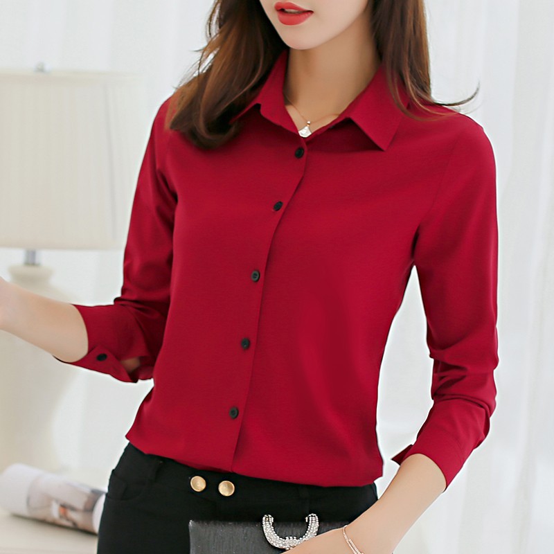 Áo sơ mi nữ màu xanh hải quân trơn, phù hợp đồng phục công sở