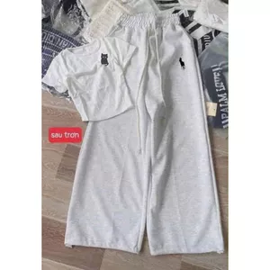 Sét Bộ quần rộng da cá dài xám tiêu + Áo croptop tăm lạnh hình con CÚ