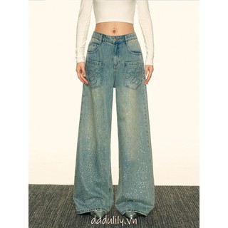 DADUlily | Curved Wide Leg Denim Jeans Thêu Đính Đá Low Waist Form Rộng Tôn Dáng Street 9161