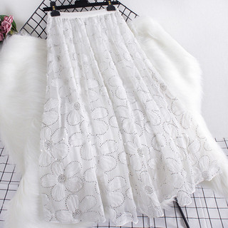 Váy lưới hoa đính sequin, váy xòe chữ A dáng dài mới cho mùa xuân/hè/thu/đông, váy dài vừa phải