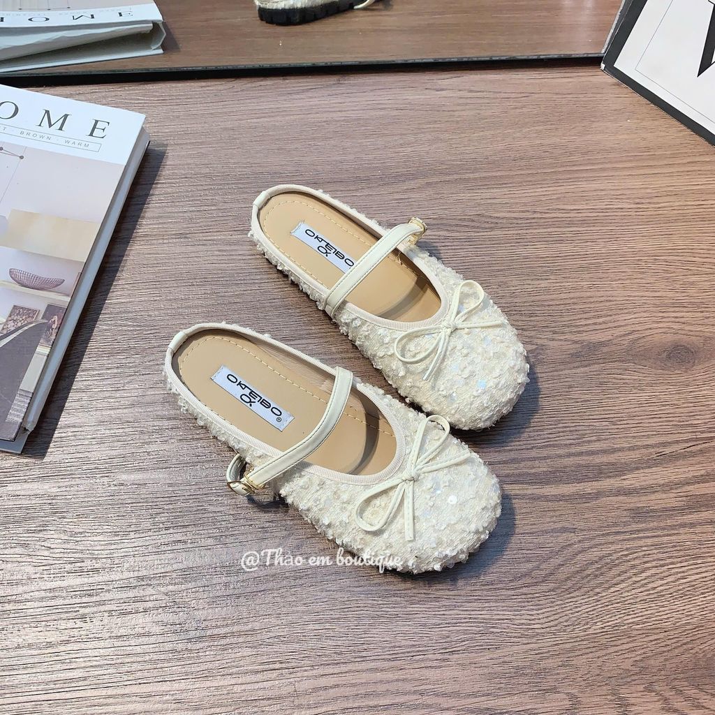 [Thảo Em - SB1311] Sục bệt mũi tròn đế bệt đính nơ lấp lánh bligblig lâp lánh sang trọng