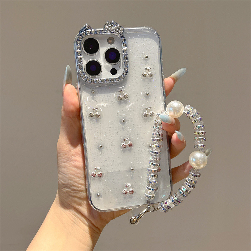 Ốp điện thoại anh đào tai mèo kim cương lấp lánh cho iPhone 17 Pro Max 17 16 15 14 13 12 11 Vỏ điện thoại chống rơi