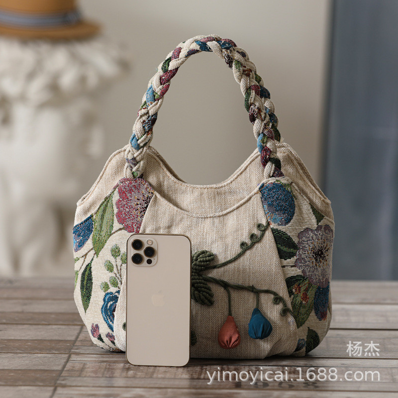 Túi vải bố nữ 66789|phong cách dân tộc|túi xách nhỏ đan tay|cao 20cm rộng 30cm dày 10cm|túi cầm tay thủ công hồ lô vải phong cách cổ điển|nhẹ và tiện dụng|túi đi chợ cho mẹ