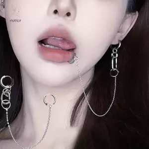 HNKMP Kẹp bông tai giả xỏ môi punk dây xích thời trang, phù hợp nam và nữ.