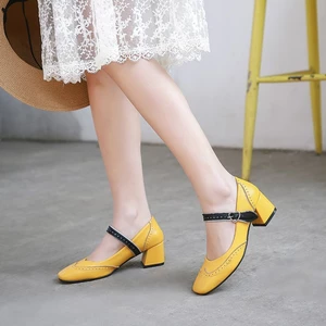 VNMZG34-39 Size Lớn Màu Sắc Phù Hợp Với Khắc Dây Đeo Khóa Phẳng Miệng Nông Mũi Tròn Thấp Gót Vuông Mary Jane Thanh Lịch Tất Cả Trận Đấu Giày