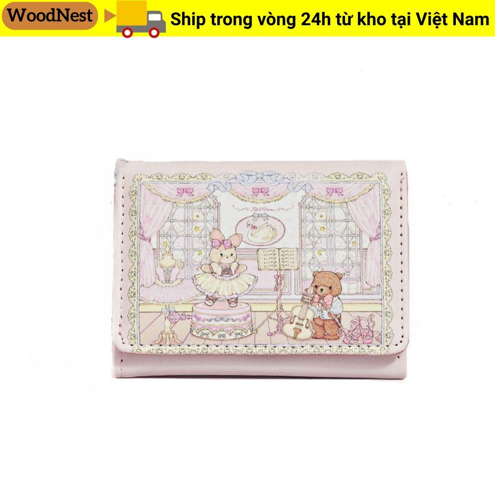 Ví ngắn WOODNEST, Túi đựng tiền nhiều khe cắm hình gấu và thỏ, Hộp đựng thẻ PU di động cổ điển dành cho nữ