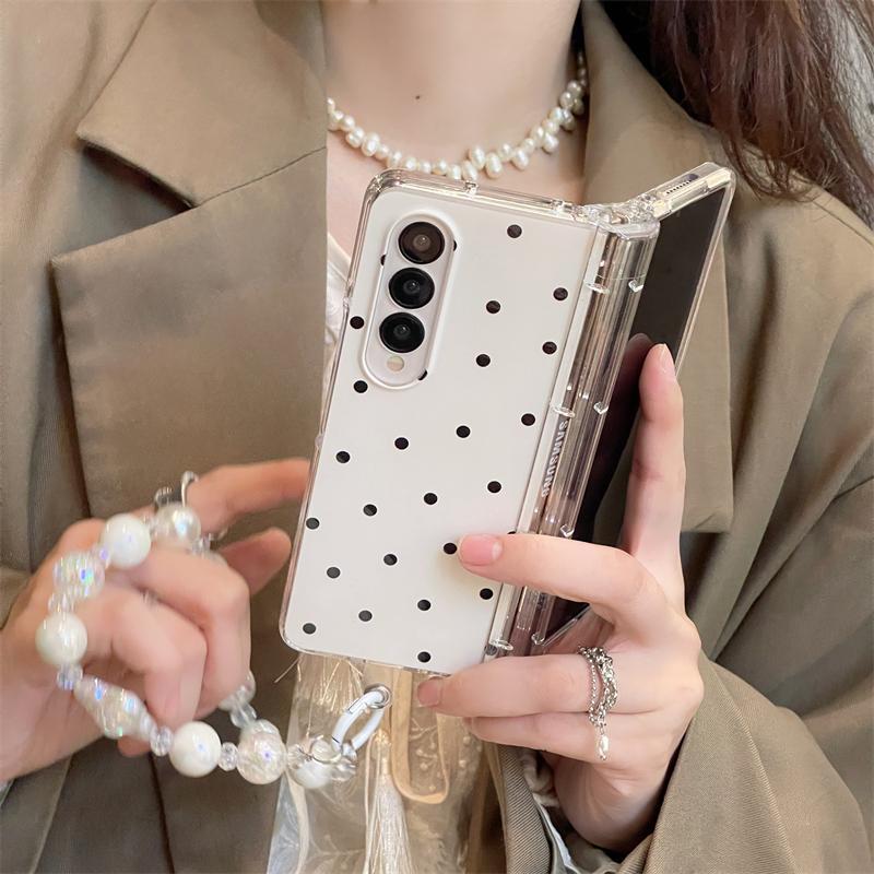 Ốp điện thoại màu trắng có chấm bi màu đen Thích hợp cho Samsung Galaxy ZFold7 zfold6 Vỏ cứng gấp dây buộc cho Z Fold 7 6 5 4 3 5G Vỏ bảo vệ