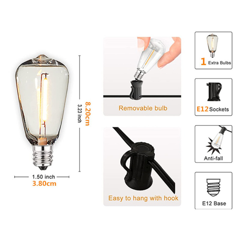 Đèn LED dây phong cách cổ điển chống nước, ánh sáng ấm, trang trí sân vườn, quán cà phê ngoài trời, 10m/15m