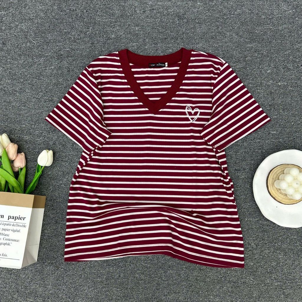 Áo Thun Nữ ESHOP MS515 Bigsize Kẻ Sọc Cổ Tim Tay Ngắn Chất Cotton Mềm Mịn Thoáng Mát Phù Hợp Mùa Hè