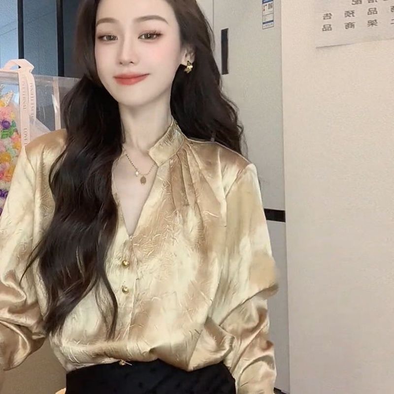 Pháp Cổ Chữ v Vàng Vàng Dài Tay Áo Sơ Mi Nữ Xuân Thu Đáy Áo Sơ Mi Thiết Kế Cao Cấp Retro Sang Trọng Hàng Đầu
