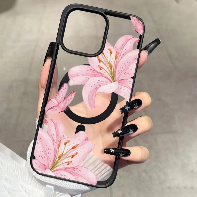 Dành Cho iPhone 16 15 11 12 13 14 Pro 17 Max 14 15 Plus 16e Ốp Lưng Hoa Lượn Màu Hồng Trong Suốt Từ Tính Cứng Điện Thoại Chống Sốc
