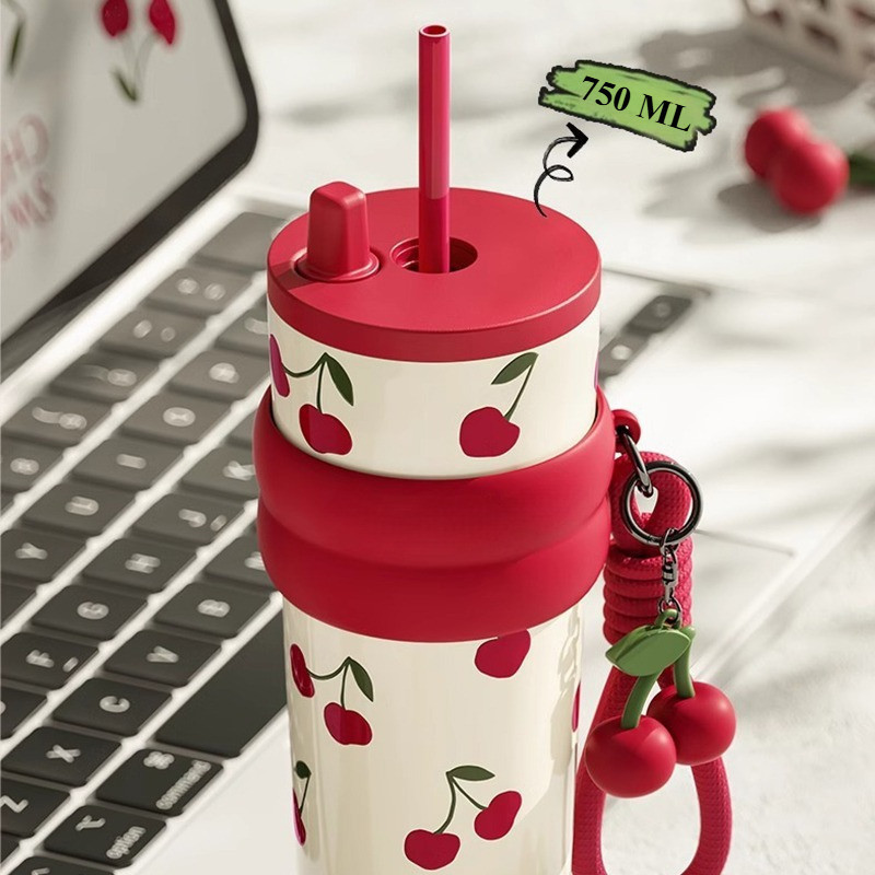750ml Bình Giữ Nhiệt Inox 316, Hình Quả Cherry, Giữ Nhiệt 6h Tay Cầm Ống Hút In, Giữ Nhiệt 6h Cho Văn Phòng