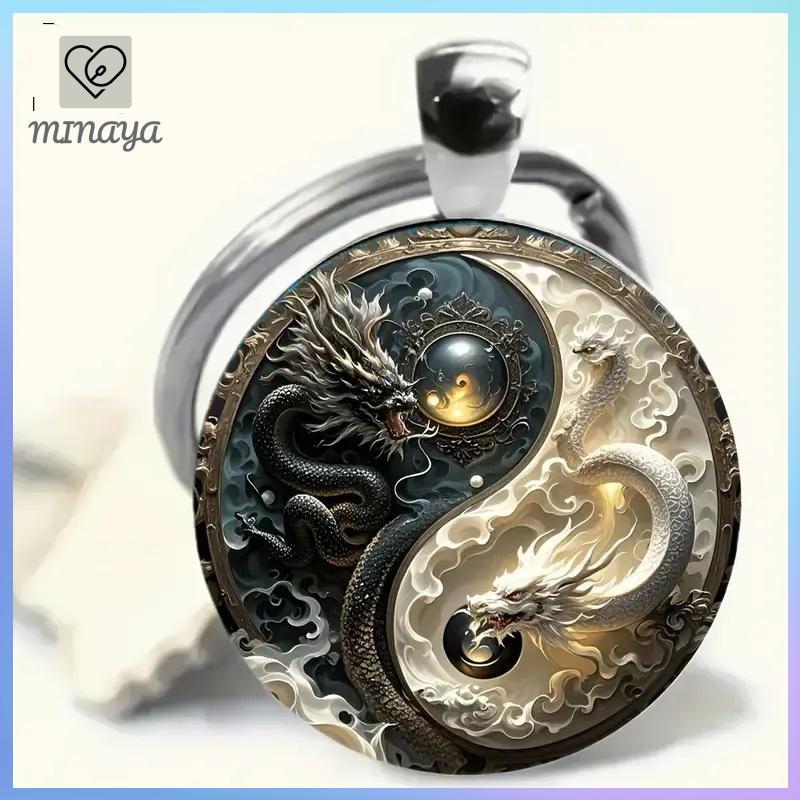 [MINAYA] Móc khóa rồng Âm Dương - Mặt dây chuyền hợp kim thời trang, Thiết kế rồng trắng và trắng, Hoàn hảo cho túi xách, Bapas và quà tặng độc đáo VN