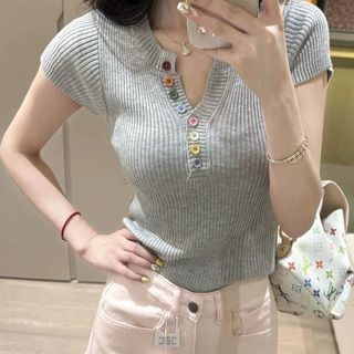 Áo Len Tay Ngắn Màu Vàng Ngọt Ngào, Vai Phù Hợp, Thích Hợp Mặc Ngoài Mùa Xuân Hè