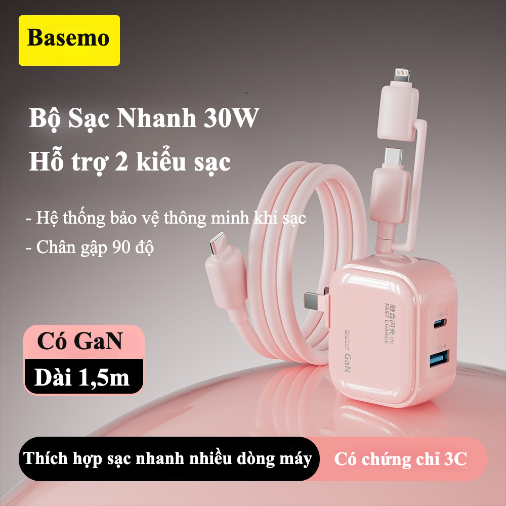Bộ sạc nhanh GaN 30W Basemo, sạc nhanh 2 in 1, tương thích với nhiều dòng điện thoại, bảo hành 6 tháng