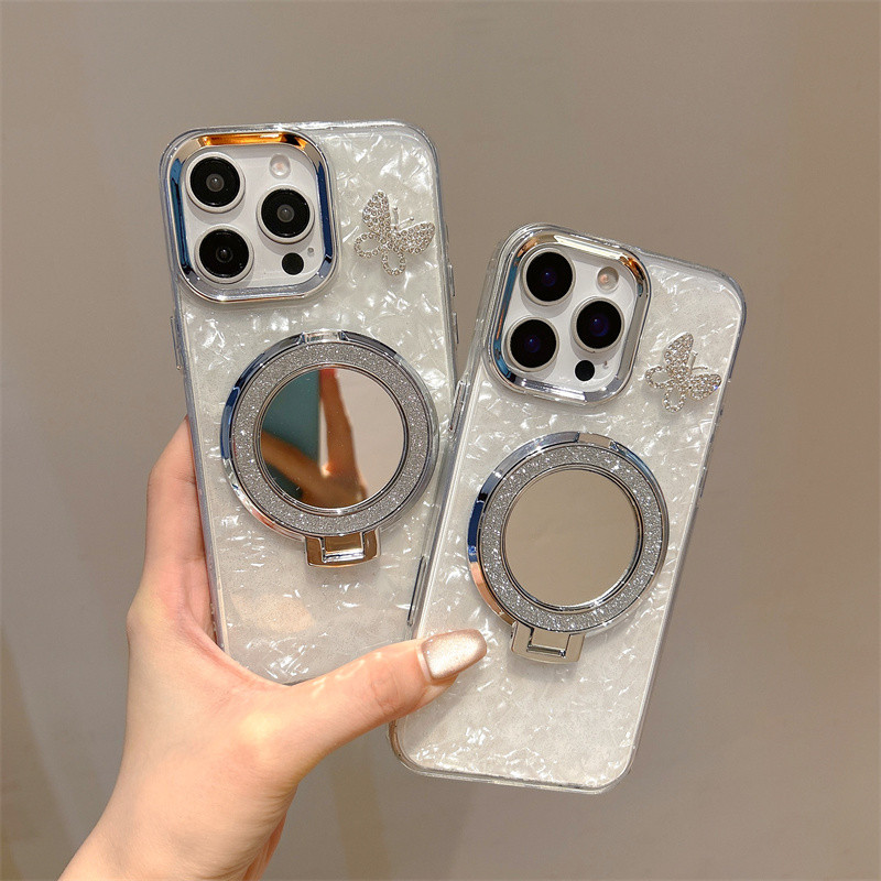 Ốp lưng iPhone nơ 3D có giá đỡ gương tròn phù hợp cho iPhone 17 Pro Max, iPhone 17 16 15 14 13 12 11