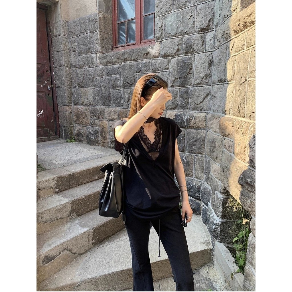 Milyfashion Gợi Cảm Nguyên Chất Desire Phong Cách Trắng Cổ Chữ v Ren Áo Vest Nữ Mùa Hè Không Tay Nhìn Xuyên Qua Top Lớp