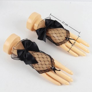 MIKYCO Găng Tay Ngắn Ren Lưới Cho Bé Gái, Phù Hợp Cosplay và Cô Dâu, Thêu Nơ Đen Handmade