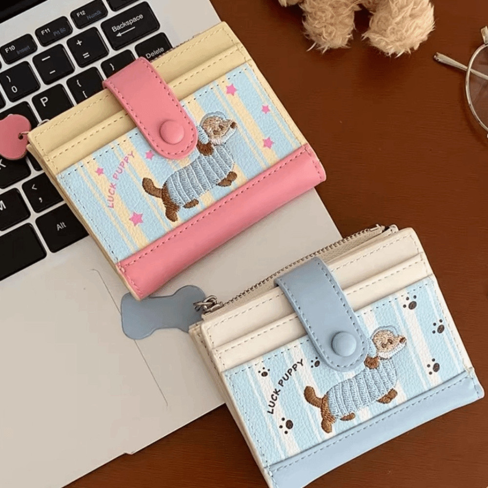 Ví đựng tiền xu ESSENCEH, Dachshund In hình chó hoạt hình Ví ngắn, Ins Dây kéo PU Dopamine Túi đựng thẻ màu Nữ Cô gái