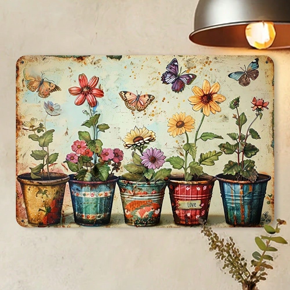 CIFbuy Vintage Kim Loại Trang Trí Tường Ký Hiệu Với Chậu Hoa Bướm, Mộc Mạc Sắt Chịu Thời Tiết Trong Nhà Ngoài Trời Treo