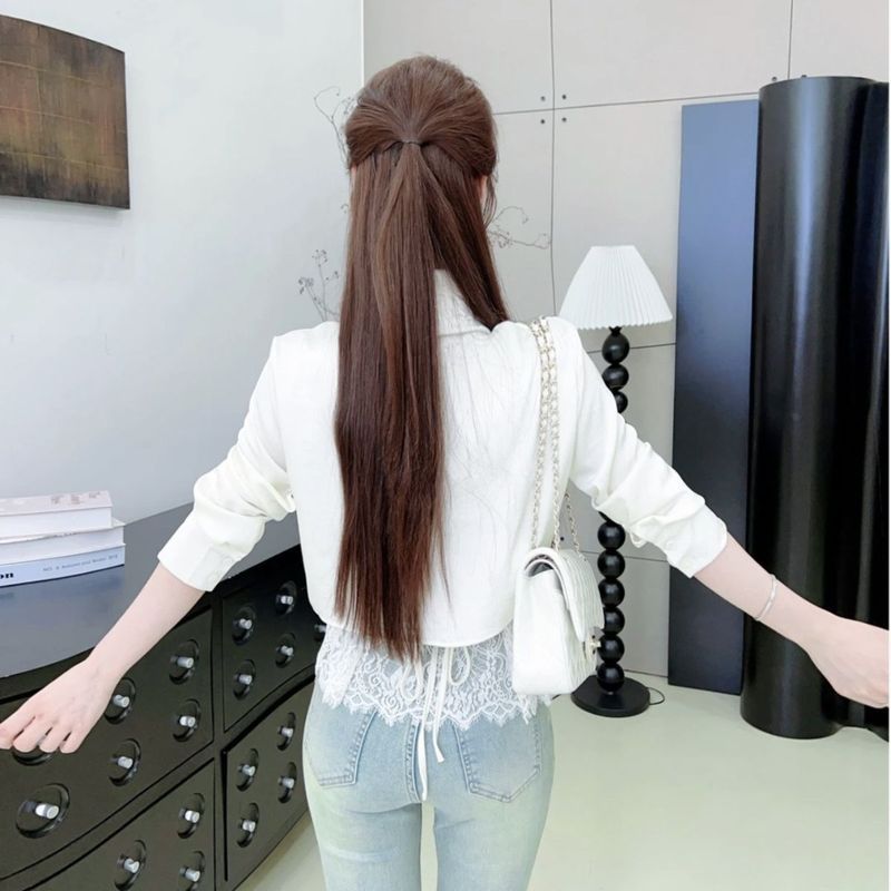 Pháp Ren Khâu Trắng Dài Tay Áo Sơ Mi Nữ Xuân Thu Thu Thiết Kế Hẹp Niche Dây Đeo Sang Trọng Tính Khí Hàng Đầu