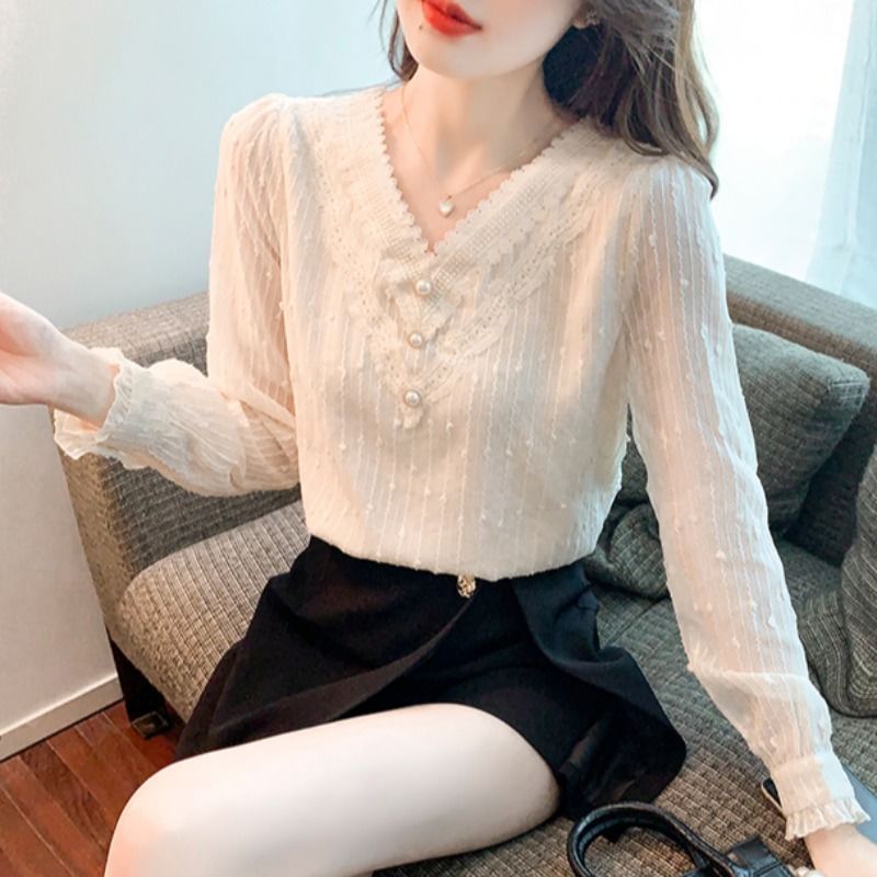 Áo sơ mi nữ lót lông cừu dày dặn, kiểu dáng mới, áo mặc trong thời trang và sành điệu, áo sơ mi ren voan thanh lịch