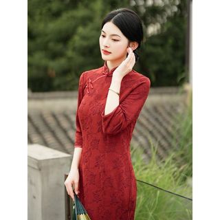 Váy sườn xám dài vừa phải cho Nữ màu đỏ, thanh lịch và ôm dáng, sang trong cao cấp