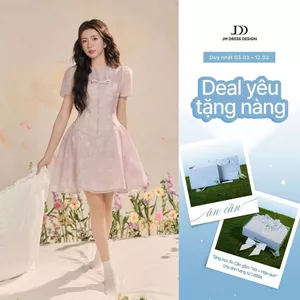 Đầm đè dây nơ ngực, nhún sườn họa tiết 1R07.2503OG, váy tơ mềm chiết eo dáng xòe bồng nữ tính đáng yêu thiết kế bởi JM