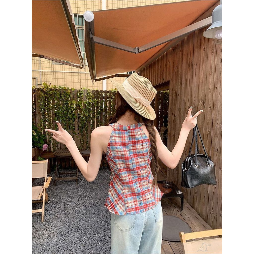 Milyfashion Y2K Top Kẻ Sọc Đỏ Cổ Dây Thắt Nút Sling Không Tay