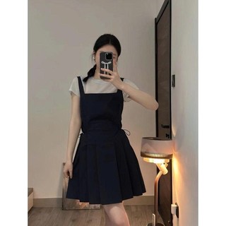 Set Áo Giấy Trắng Mix Yếm Kaki Xanh Than Túi Bên Rút Dây Dáng Xoè Siêu Xinh, Set Áo Yếm Tiểu Thư