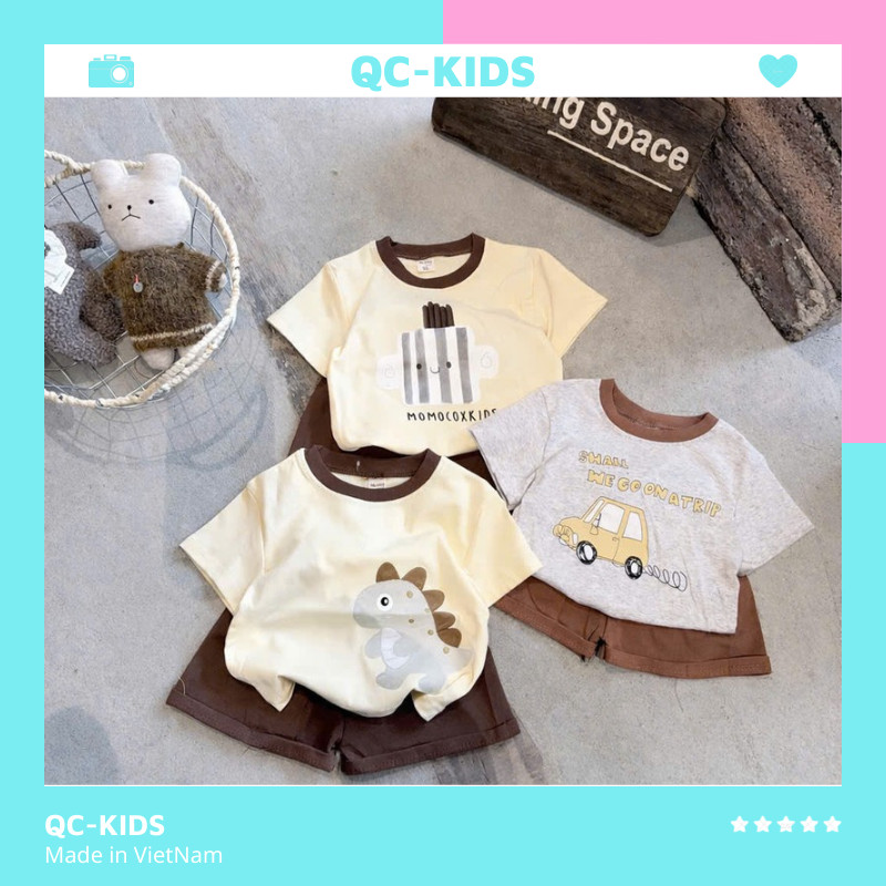 Bộ quần áo cộc tay bé trai gái chất liệu cotton họa tiết oto, khủng long, bánh momo cho bé 8-18kg