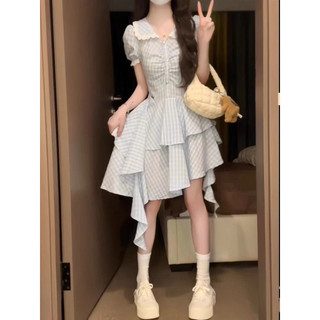 Đầm Xòe Caro Nữ Tầng Bèo,Váy Ngắn Tiểu Thư Dễ Thương,Tay Phồng Tôn Dáng,Phong Cách Hàn Quốc