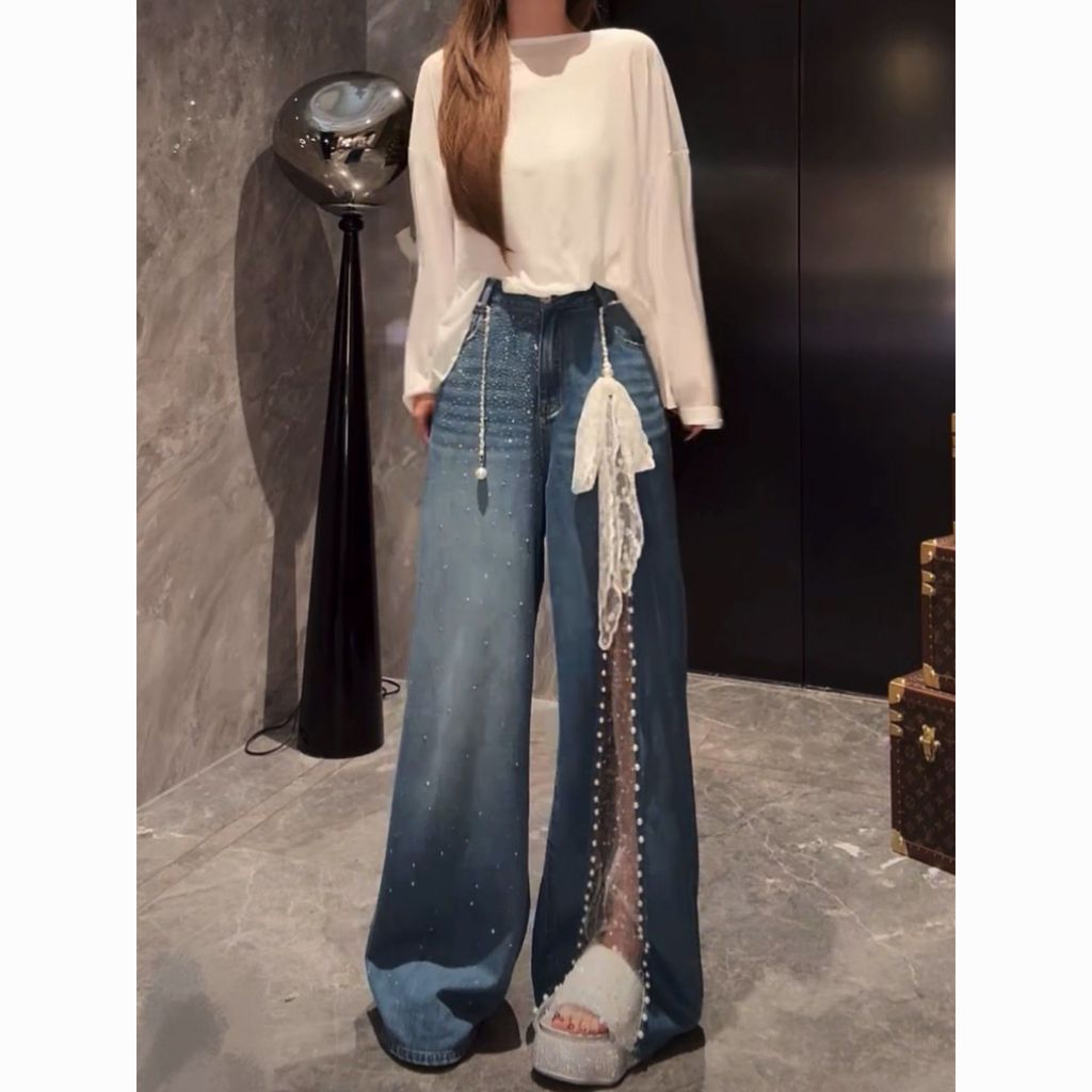 Quần Jean Lưới Phối Ren, Dáng Ống Rộng Full Length, Kiểu Draping, Cạp Cao - Mới Xu Hướng Mùa Xuân Hè