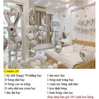 (Tặng 100 cánh hoa hồng) set bóng trang trí phòng cưới tone màu trắng bạc DF38