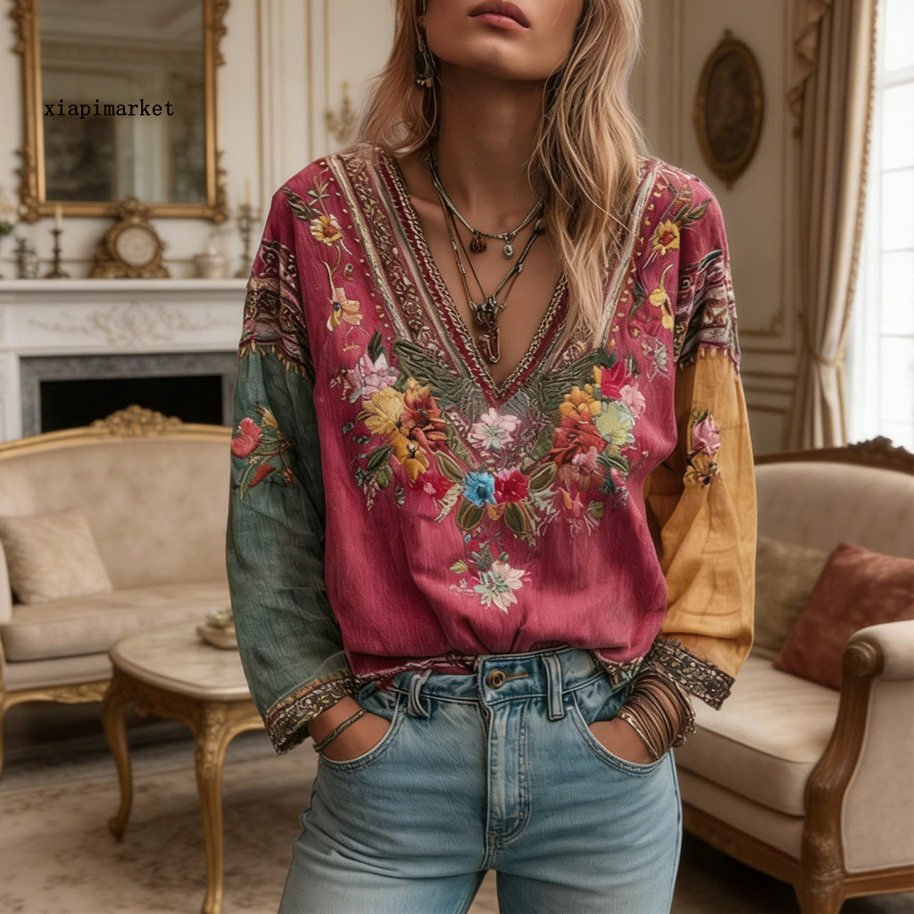 XIA | Áo Phông Chữ A Cổ Chữ V Tay Dài Thêu Hoa Phong Cách Bohemian Dân Tộc