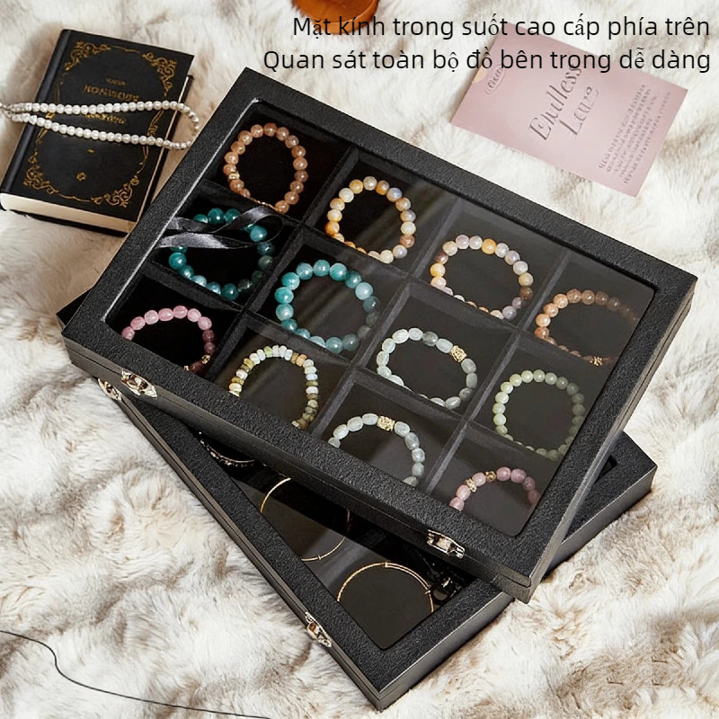 Hộp Bảo Quản Trang Sức Chống Oxy Hóa, Kính Dày Trong Suốt, Nhung, Đựng Vòng Tay Nhẫn Dây Chuyền