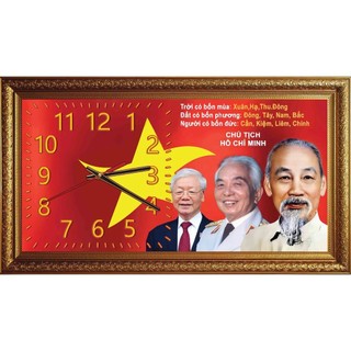 Tranh gắn đồng hồ 3 Bác 02 tráng gương đóng khung